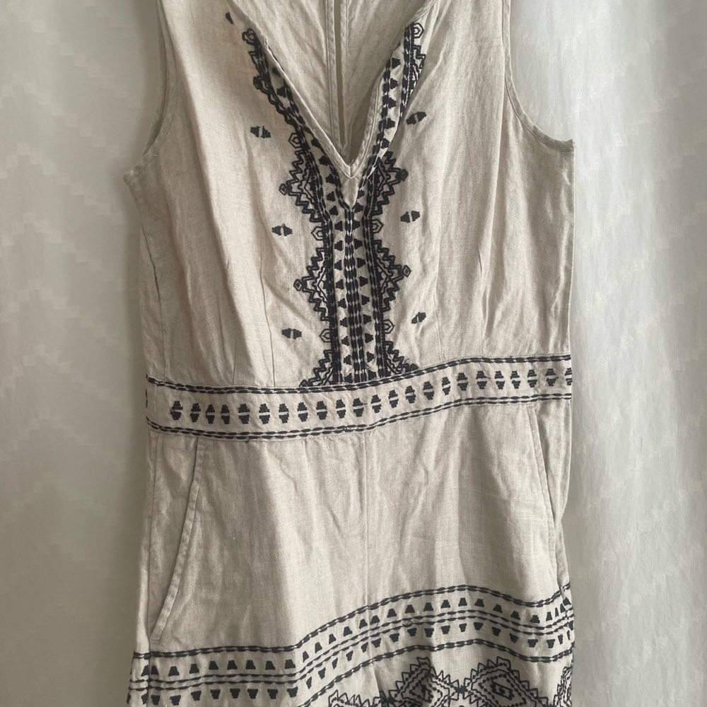 LOFT Sleeveless Beige Romper with Black Embroidery